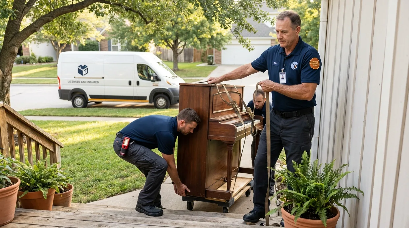 Licensed piano movers securing grand piano in Rifle, CO