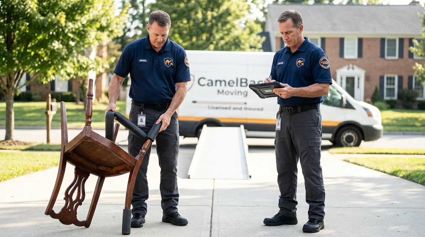 Movers inspecting furniture for damage prevention before loading in Rifle, CO