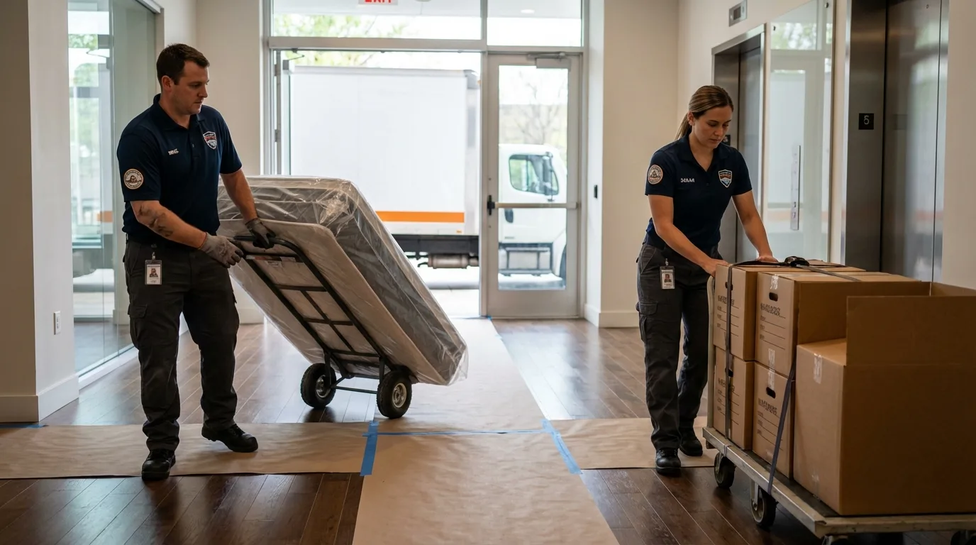 Professional apartment movers loading elevator in Rifle, CO